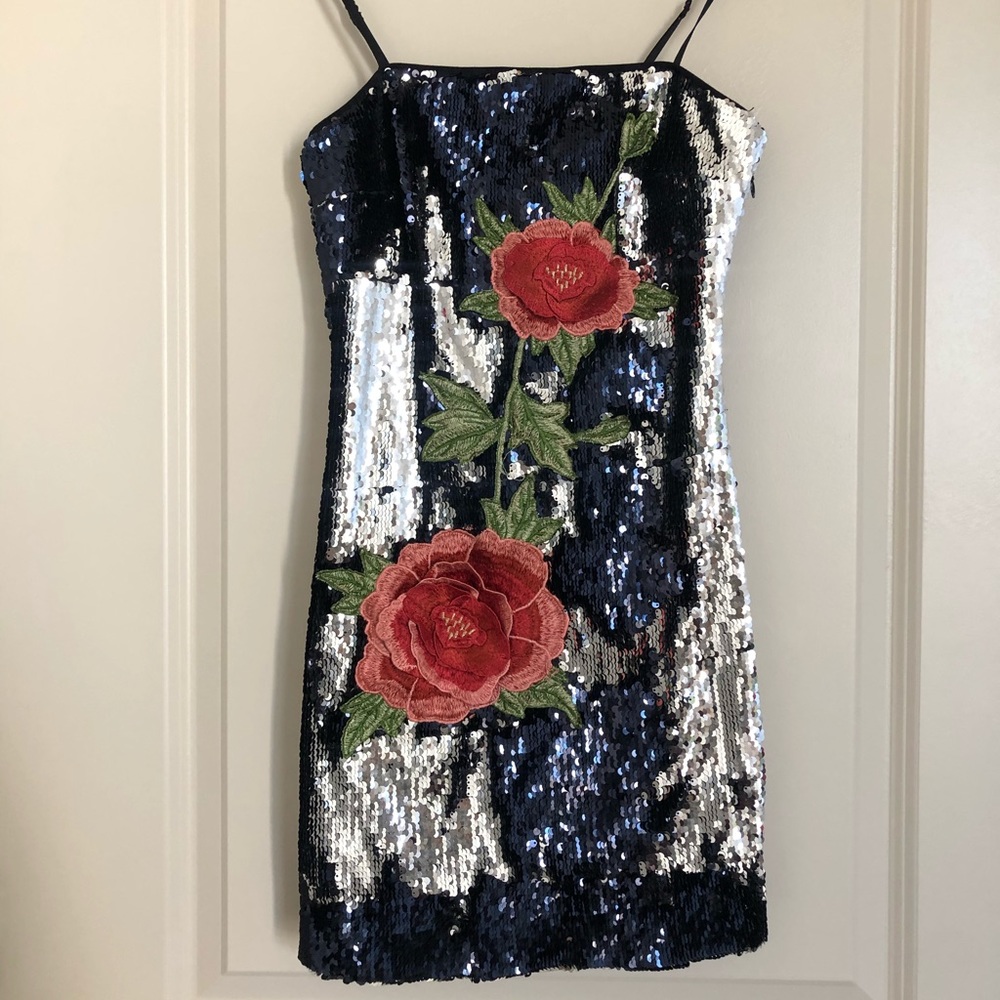 Black and Silver Sequin Dress with Roses